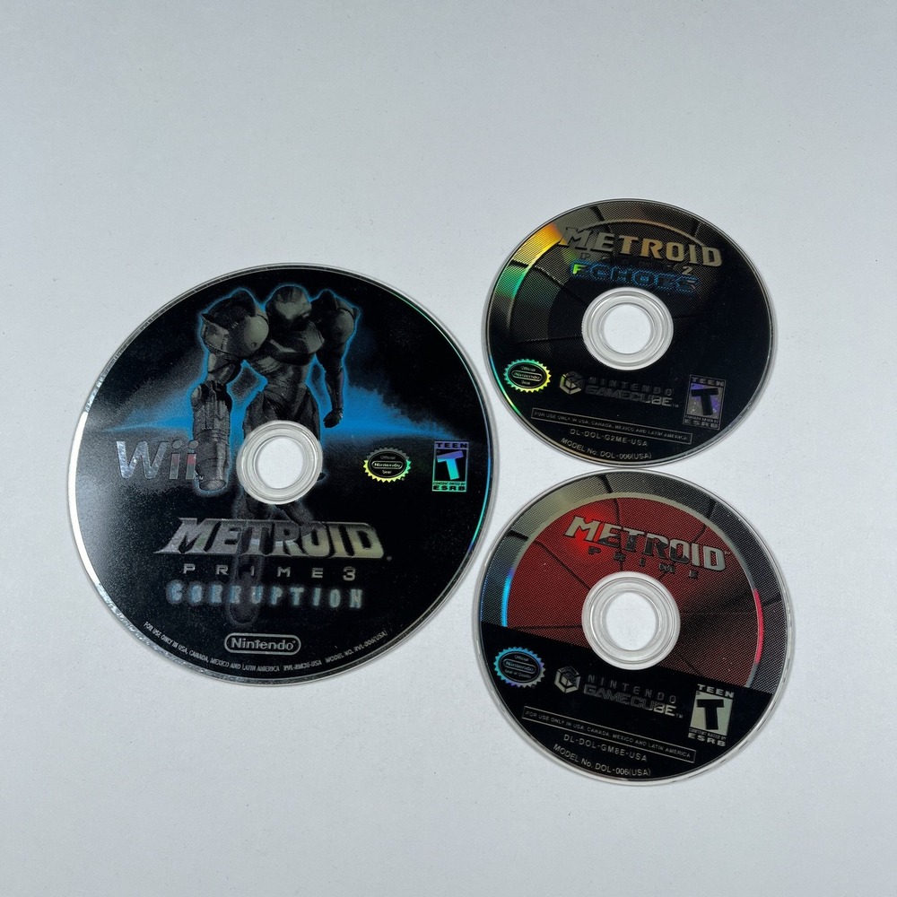 Metroid Prime 1, 2 Echoes & 3 Corruption Wii GameCube 3 Disc Lot Nintendo